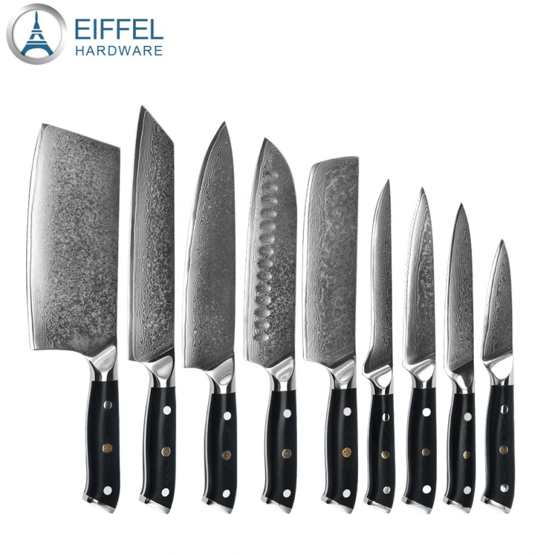 Damascus Kitchen Knife Set 9PCS, Chef Damascus Knives Set 67 Layers Vg10 Damascus Steel, Japanese Professional Kitchen Sharp Knife Set Damascus Classic Handle-EDK09G100014